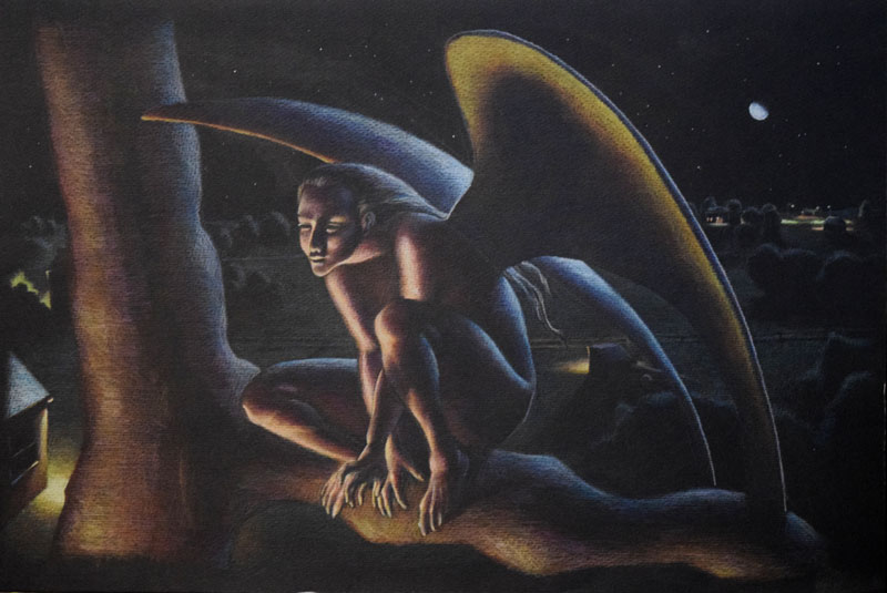 A drawing in colored pencil on black paper of a humanlike creature, winged, perched on a branch illuminated from behind by moonlight and in front and below by yellowish lights from a building at below left